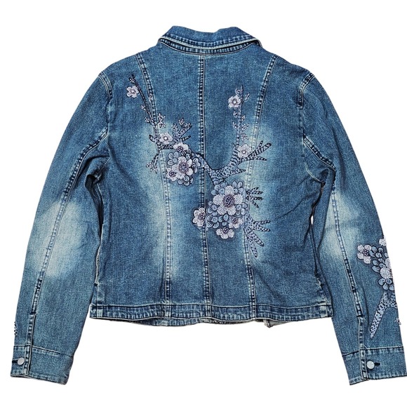Urbantribe Denim Jacket Women S Blue Beaded Floral Embroidered Boho Y2K Festival - Picture 3 of 8